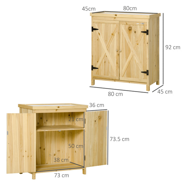 Armoire de jardin, armoire de rangement de jardin, avec plateau en métal galvanisé étagère double porte avec poignée pieds surélevés en bois massif 80 x 45 x 92 cm bois naturel