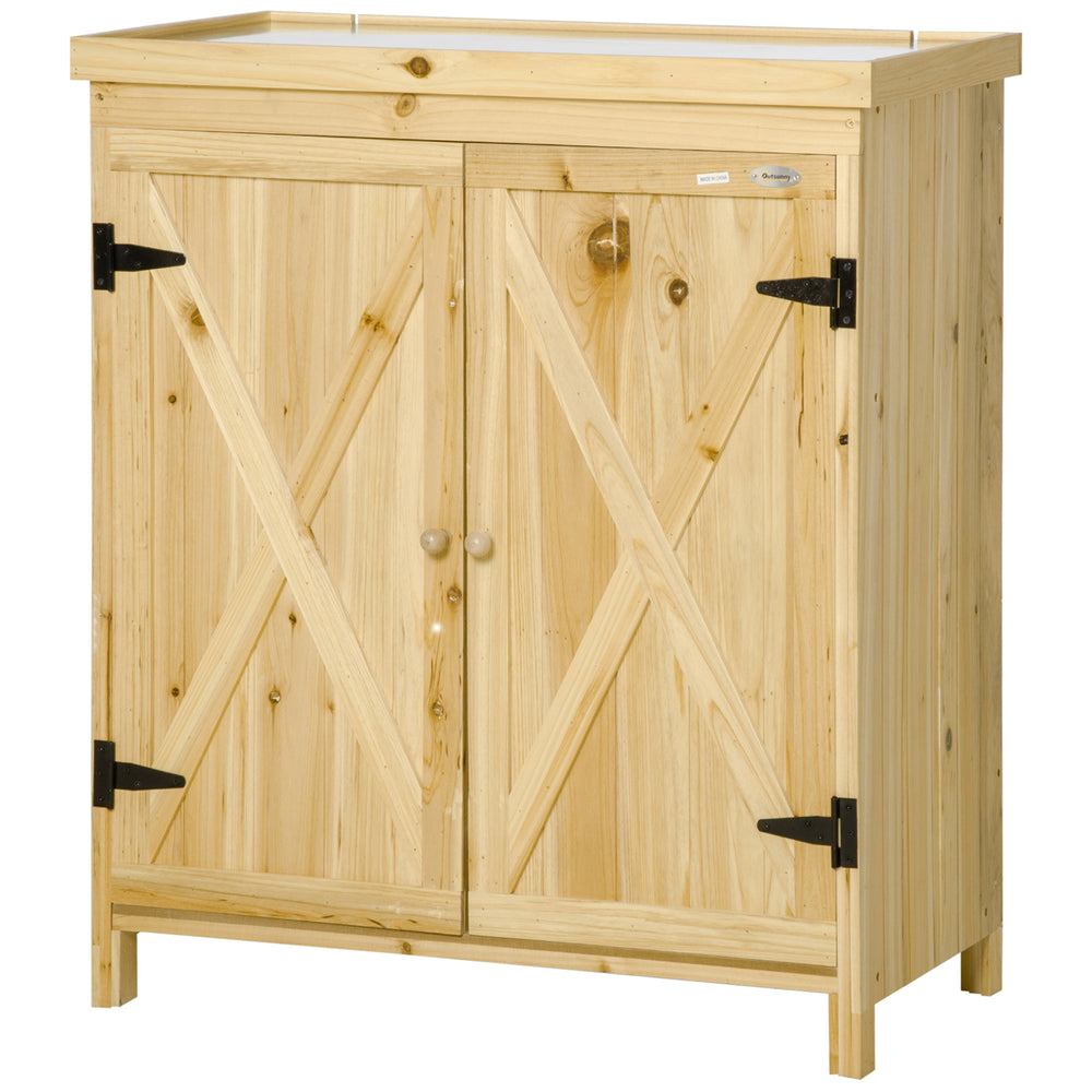 Armoire de jardin, armoire de rangement de jardin, avec plateau en métal galvanisé étagère double porte avec poignée pieds surélevés en bois massif 80 x 45 x 92 cm bois naturel