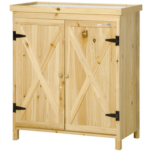 Armoire de jardin, armoire de rangement de jardin, avec plateau en métal galvanisé étagère double porte avec poignée pieds surélevés en bois massif 80 x 45 x 92 cm bois naturel