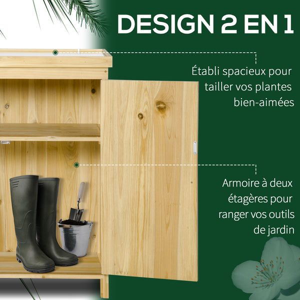 Armoire de jardin, armoire de rangement de jardin, avec plateau en métal galvanisé étagère double porte avec poignée pieds surélevés en bois massif 80 x 45 x 92 cm bois naturel