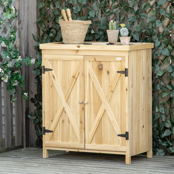 Armoire de jardin, armoire de rangement de jardin, avec plateau en métal galvanisé étagère double porte avec poignée pieds surélevés en bois massif 80 x 45 x 92 cm bois naturel