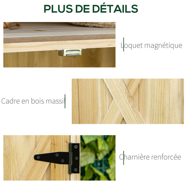 Armoire de jardin, armoire de rangement de jardin, avec plateau en métal galvanisé étagère double porte avec poignée pieds surélevés en bois massif 80 x 45 x 92 cm bois naturel