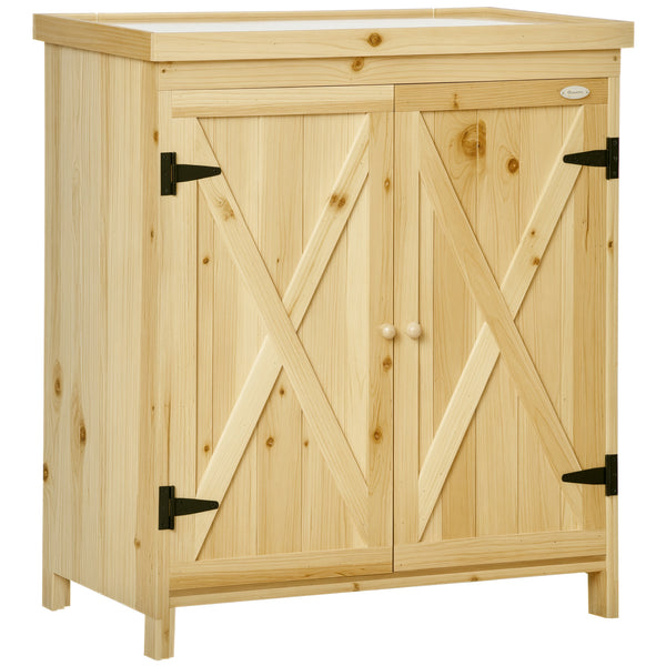 Armoire de jardin, armoire de rangement de jardin, avec plateau en métal galvanisé étagère double porte avec poignée pieds surélevés en bois massif 80 x 45 x 92 cm bois naturel
