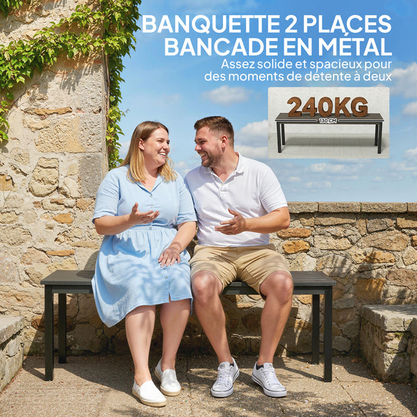 Banc de Jardin en Métal, Banc d'extérieur 2 Places avec Assise à Lattes Effet Bois, Sans Dossier, Banquette de Jardin Cadre Acier pour Patio, Balcon, Parc, Capacité 240 kg, 130x34x43cm, Gris