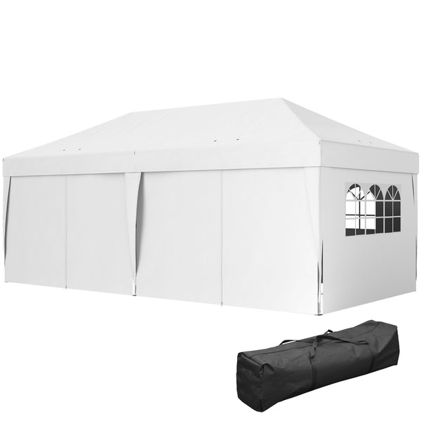 Tonnelle de jardin exterieur tonnelle pliante 3 x 6 m pop-up avec 6 parois latérales, trous de drainage, sac de transport inclus, barnum pliant pour camping festival mariage, blanc