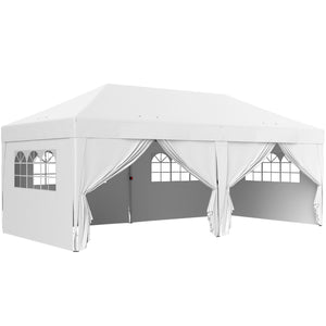Tonnelle de jardin exterieur tonnelle pliante 3 x 6 m pop-up avec 6 parois latérales, trous de drainage, sac de transport inclus, barnum pliant pour camping festival mariage, blanc