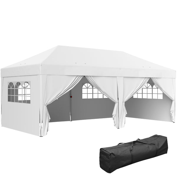 Tonnelle de jardin exterieur tonnelle pliante 3 x 6 m pop-up avec 6 parois latérales, trous de drainage, sac de transport inclus, barnum pliant pour camping festival mariage, blanc