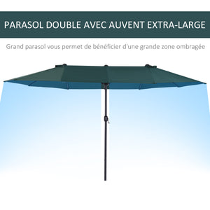 Parasol de jardin exterieur parasol double rectangulaire 4,6L x 2,7l x 2,4H m avec ouverture fermeture manivelle, cadre en acier, toile 180 g/m², parasol pour balcon, piscine, vert