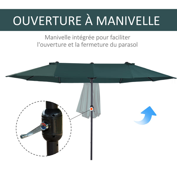 Parasol de jardin exterieur parasol double rectangulaire 4,6L x 2,7l x 2,4H m avec ouverture fermeture manivelle, cadre en acier, toile 180 g/m², parasol pour balcon, piscine, vert