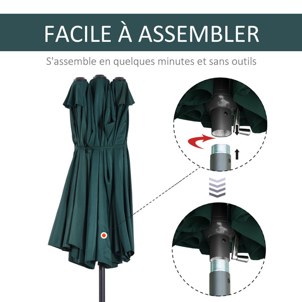 Parasol de jardin exterieur parasol double rectangulaire 4,6L x 2,7l x 2,4H m avec ouverture fermeture manivelle, cadre en acier, toile 180 g/m², parasol pour balcon, piscine, vert