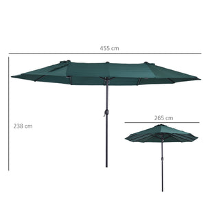 Parasol de jardin exterieur parasol double rectangulaire 4,6L x 2,7l x 2,4H m avec ouverture fermeture manivelle, cadre en acier, toile 180 g/m², parasol pour balcon, piscine, vert