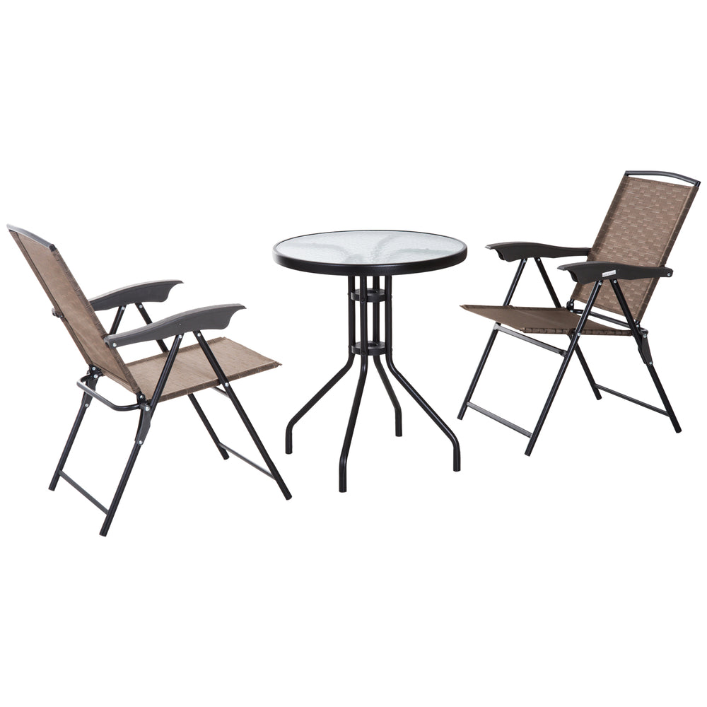 Ensemble de Jardin 3 pièces 2 chaises inclinables Multi-Positions Pliables + Table Ronde Verre trempé métal textilène Chocolat