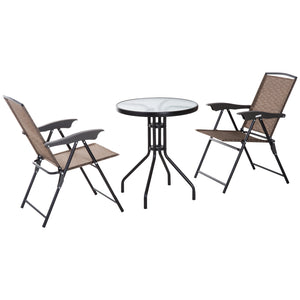 Ensemble de Jardin 3 pièces 2 chaises inclinables Multi-Positions Pliables + Table Ronde Verre trempé métal textilène Chocolat