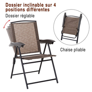 Ensemble de Jardin 3 pièces 2 chaises inclinables Multi-Positions Pliables + Table Ronde Verre trempé métal textilène Chocolat