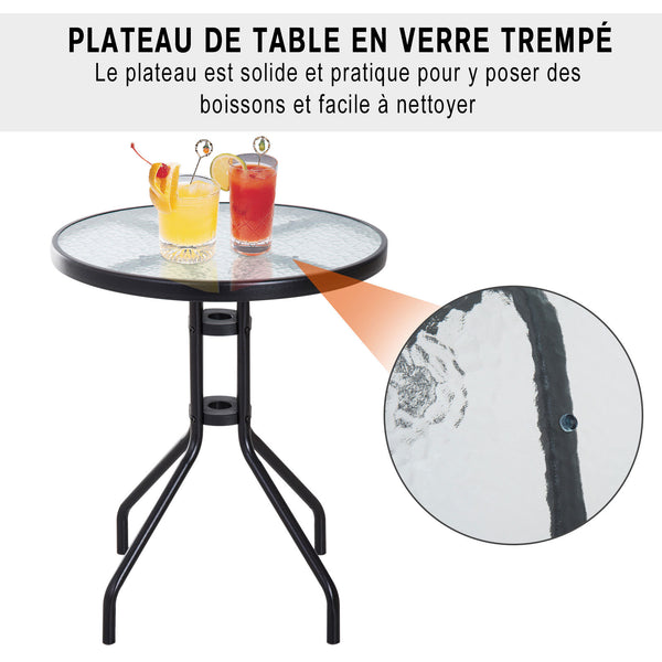 Ensemble de Jardin 3 pièces 2 chaises inclinables Multi-Positions Pliables + Table Ronde Verre trempé métal textilène Chocolat