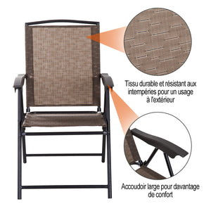 Ensemble de Jardin 3 pièces 2 chaises inclinables Multi-Positions Pliables + Table Ronde Verre trempé métal textilène Chocolat