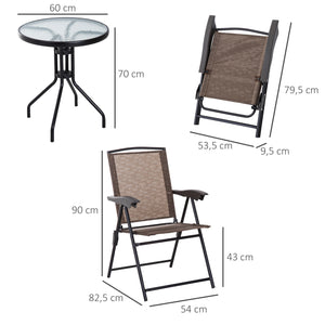 Ensemble de Jardin 3 pièces 2 chaises inclinables Multi-Positions Pliables + Table Ronde Verre trempé métal textilène Chocolat