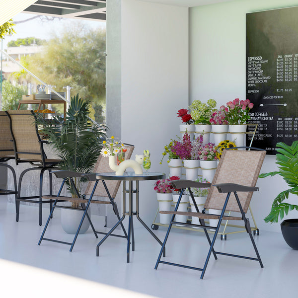 Ensemble de Jardin 3 pièces 2 chaises inclinables Multi-Positions Pliables + Table Ronde Verre trempé métal textilène Chocolat