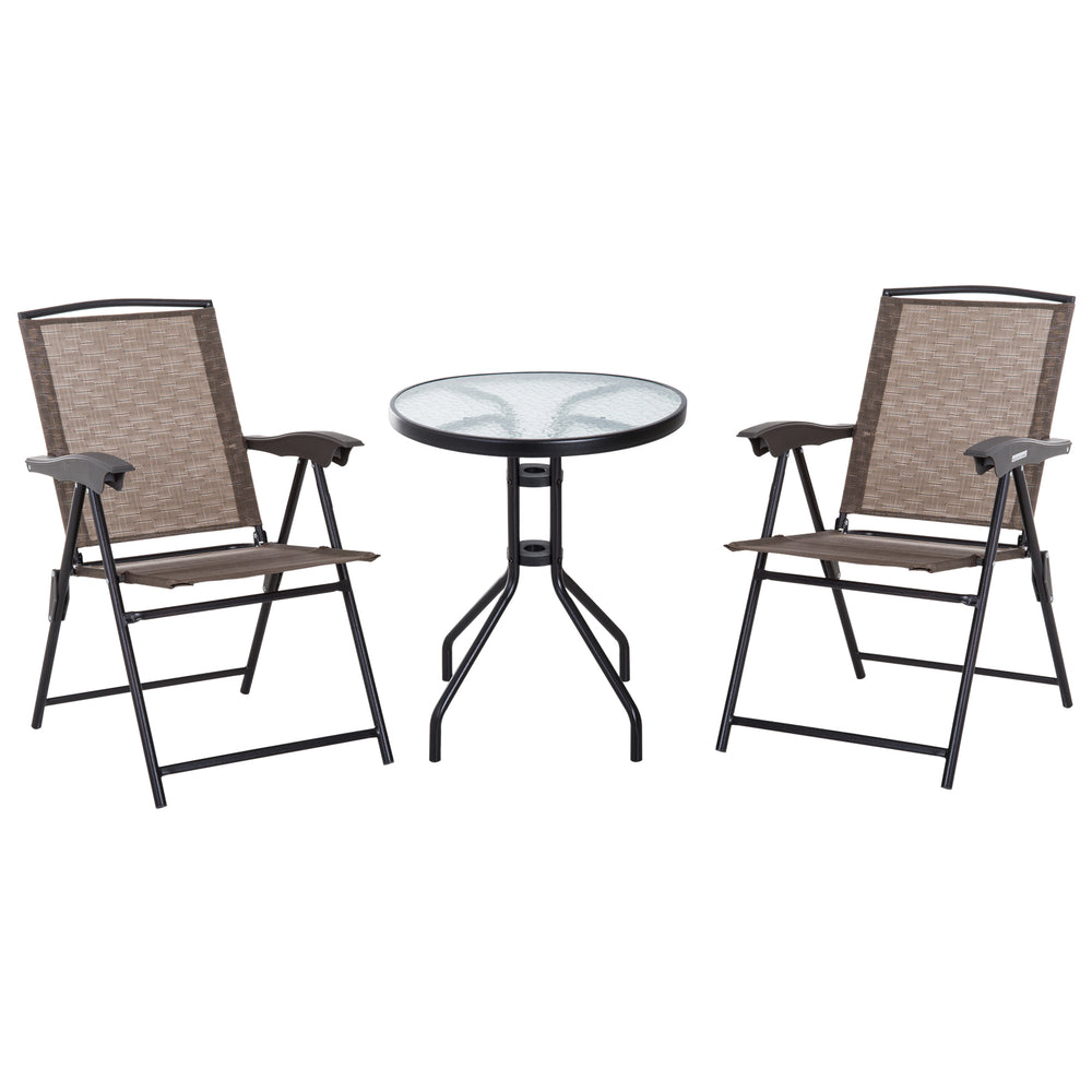 Ensemble de Jardin 3 pièces 2 chaises inclinables Multi-Positions Pliables + Table Ronde Verre trempé métal textilène Chocolat