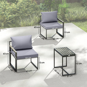 Salon de jardin 3 pièces - ensemble de jardin avec coussins 14cm et accoudoirs en composite bois-plastique : mobilier de balcon avec 2 fauteuils et table d'appoint, assise en textilène, gris