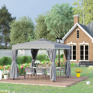 Tonnelle de jardin extérieur 3 x 3 m, barnum avec toit double, rideaux et moustiquaire, tente de réception en aluminium, tonnelle pour terrasse patio mariage baptême, gris foncé
