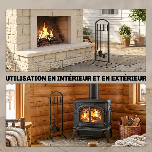 Serviteur de Cheminée 6 Pièces - Ensemble Outils de Cheminée avec Sac à Bûches, Brosse, Pelle, Tisonnier, Pince et Support - pour Intérieur, Extérieur, Maison, Jardin, Noir