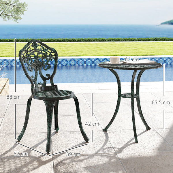 Ensemble bistrot pour jardin en aluminium salon de jardin 3 pièces 2 chaises + 1 table ronde imitation fer forgé vert