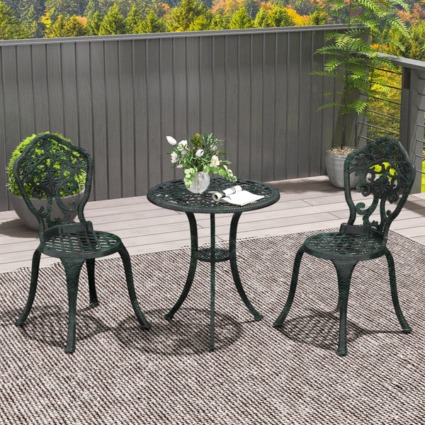 Ensemble bistrot pour jardin en aluminium salon de jardin 3 pièces 2 chaises + 1 table ronde imitation fer forgé vert