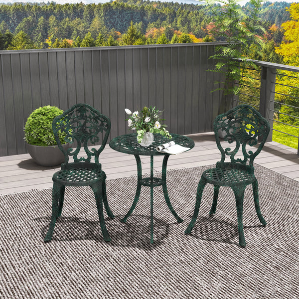 Ensemble bistrot pour jardin en aluminium salon de jardin 3 pièces 2 chaises + 1 table ronde imitation fer forgé vert