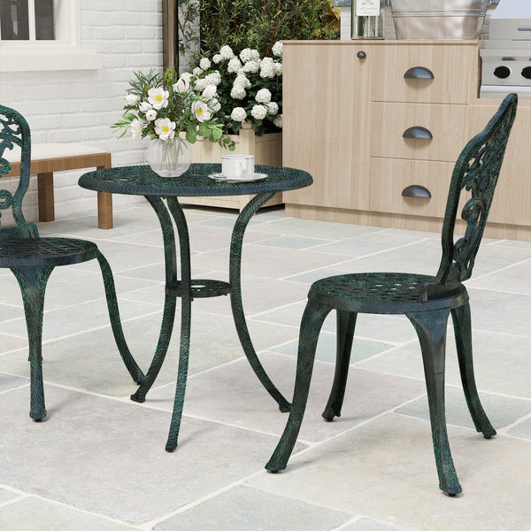 Ensemble bistrot pour jardin en aluminium salon de jardin 3 pièces 2 chaises + 1 table ronde imitation fer forgé vert