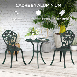 Ensemble bistrot pour jardin en aluminium salon de jardin 3 pièces 2 chaises + 1 table ronde imitation fer forgé vert