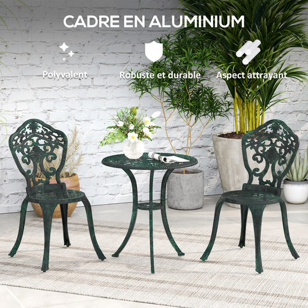 Ensemble bistrot pour jardin en aluminium salon de jardin 3 pièces 2 chaises + 1 table ronde imitation fer forgé vert