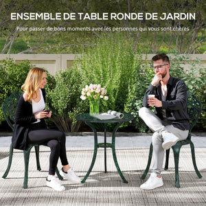Ensemble bistrot pour jardin en aluminium salon de jardin 3 pièces 2 chaises + 1 table ronde imitation fer forgé vert