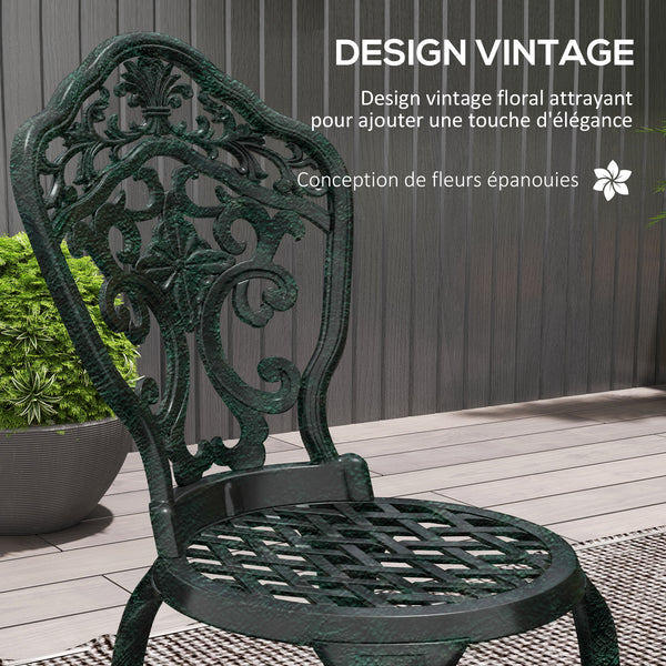 Ensemble bistrot pour jardin en aluminium salon de jardin 3 pièces 2 chaises + 1 table ronde imitation fer forgé vert