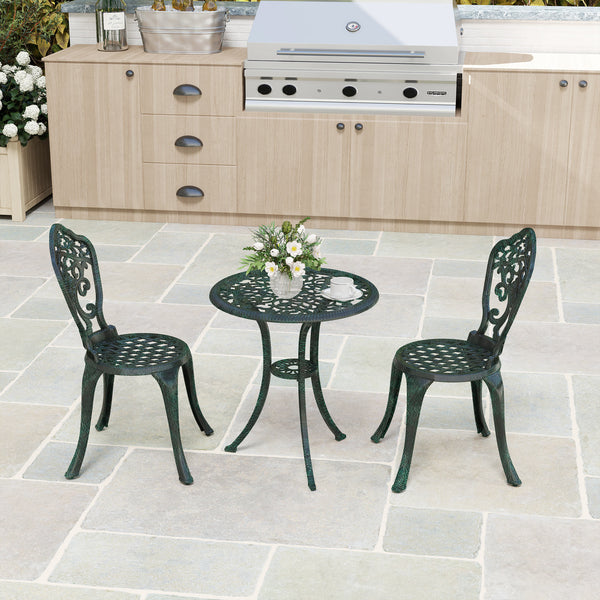 Ensemble bistrot pour jardin en aluminium salon de jardin 3 pièces 2 chaises + 1 table ronde imitation fer forgé vert