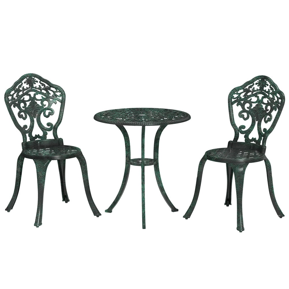 Ensemble bistrot pour jardin en aluminium salon de jardin 3 pièces 2 chaises + 1 table ronde imitation fer forgé vert