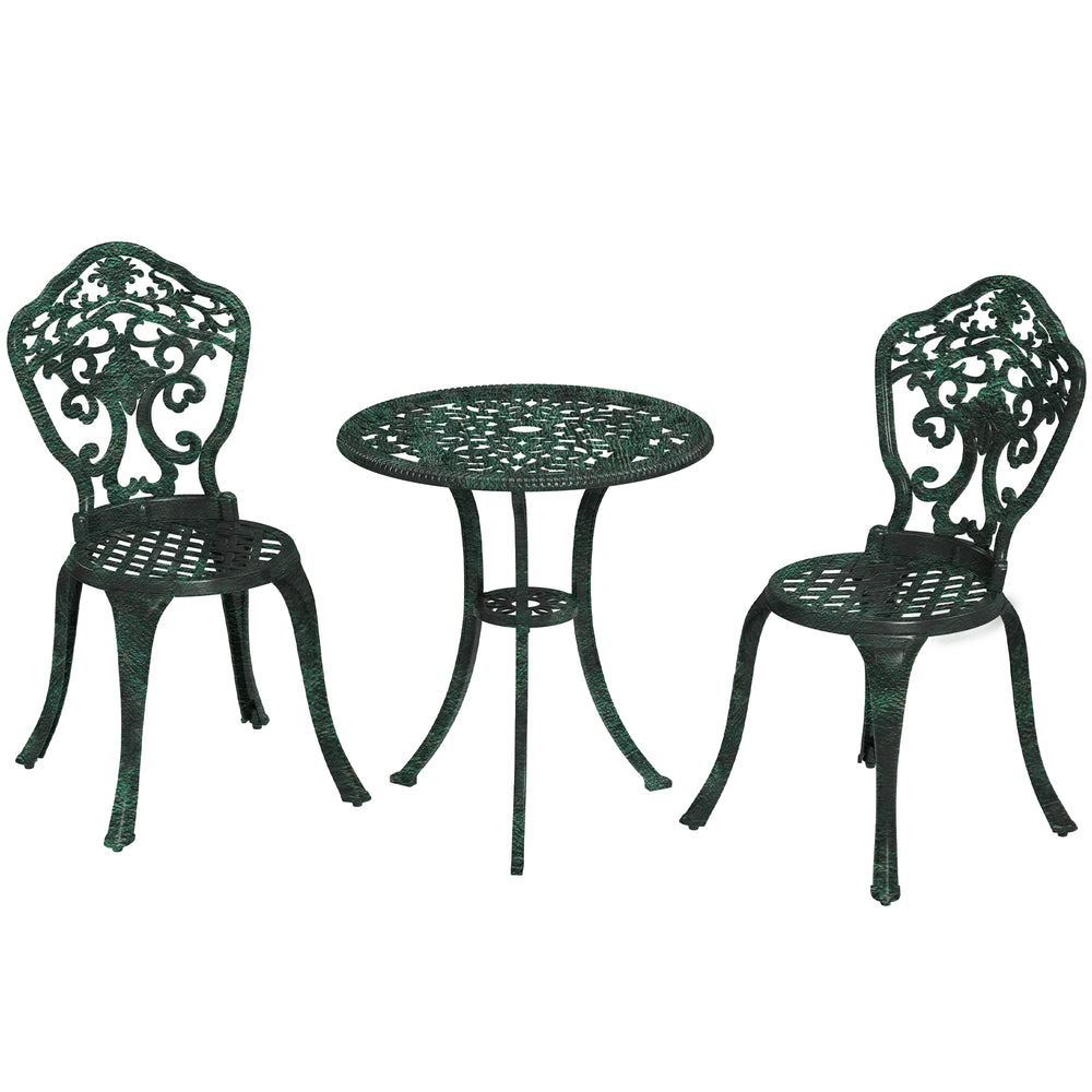 Ensemble bistrot pour jardin en aluminium salon de jardin 3 pièces 2 chaises + 1 table ronde imitation fer forgé vert
