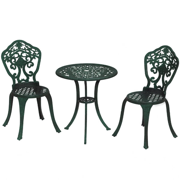 Ensemble bistrot pour jardin en aluminium salon de jardin 3 pièces 2 chaises + 1 table ronde imitation fer forgé vert