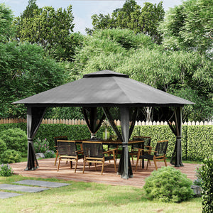 Tonnelle de jardin extérieur barnum de jardin pop-up tente pliant 4 x 4 m double toit protection UV 50+ 4 moustiquaires, 4 sacs de sable, 1 sac de transport tissu Oxford métal gris