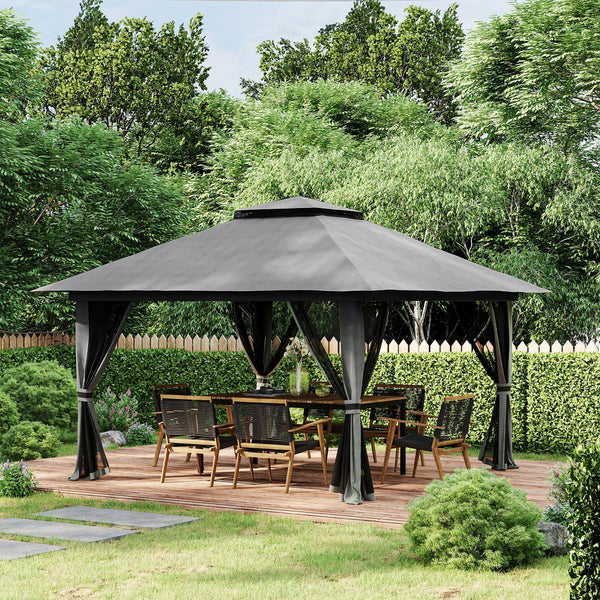 Tonnelle de jardin extérieur barnum de jardin pop-up tente pliant 4 x 4 m double toit protection UV 50+ 4 moustiquaires, 4 sacs de sable, 1 sac de transport tissu Oxford métal gris