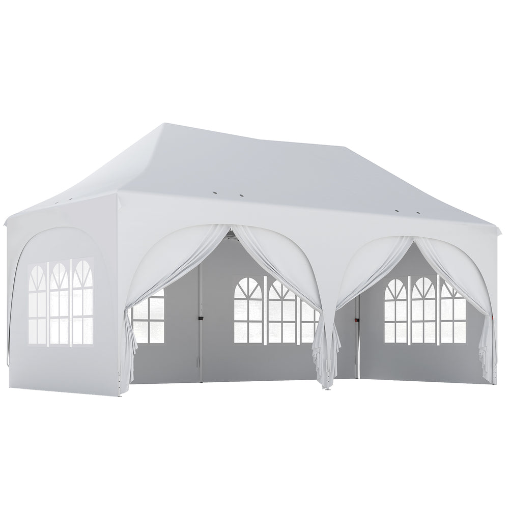 Tonnelle pliante 3x6m imperméable anti-UV, barnum avec 6 parois & 6 sacs de sable - tente de réception 12 trous de drainage - pavillon pop-up, 4 fenêtres église pour mariage, marché - blanc