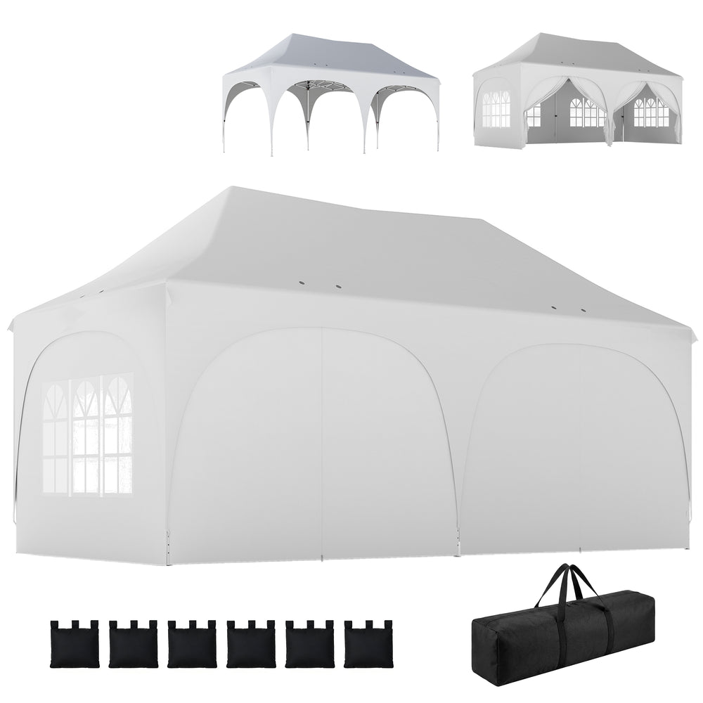 Tonnelle pliante 3x6m imperméable anti-UV, barnum avec 6 parois & 6 sacs de sable - tente de réception 12 trous de drainage - pavillon pop-up, 4 fenêtres église pour mariage, marché - blanc