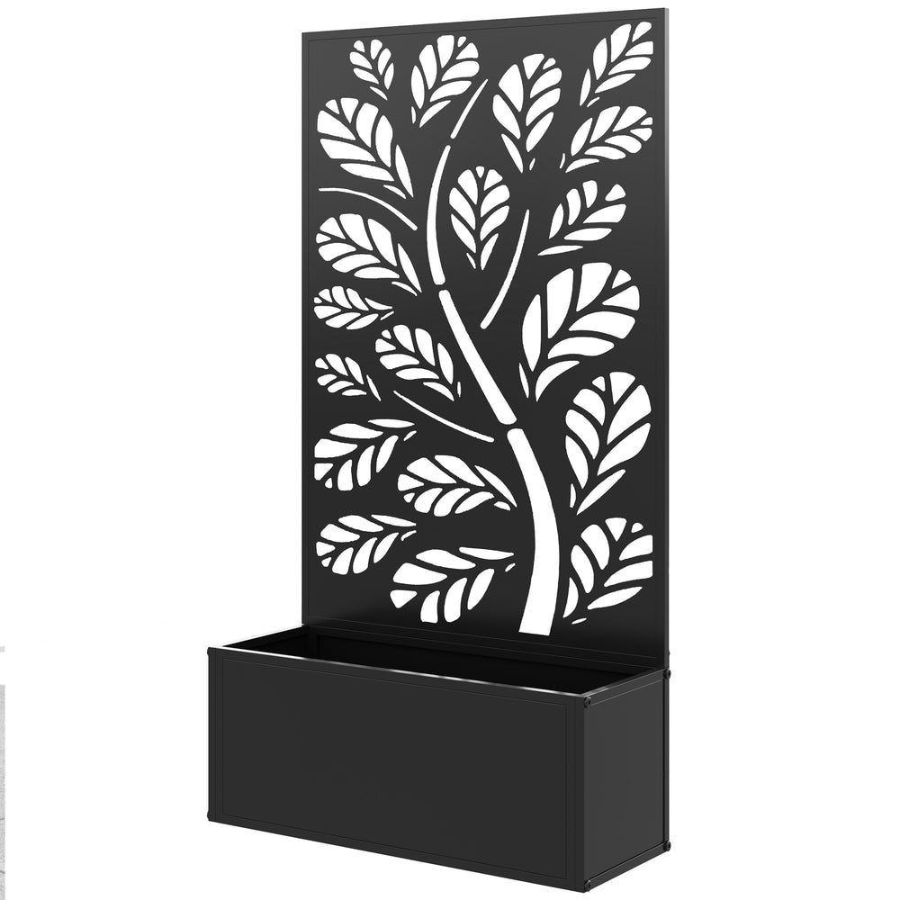 Jardinière avec treillis, brise-vue paravent, jardinière extérieure métal sur pieds ou murale, motif de feuilles rondes, bac à fleurs rectangulaire balcon terrasse, 61x23x113cm, noir