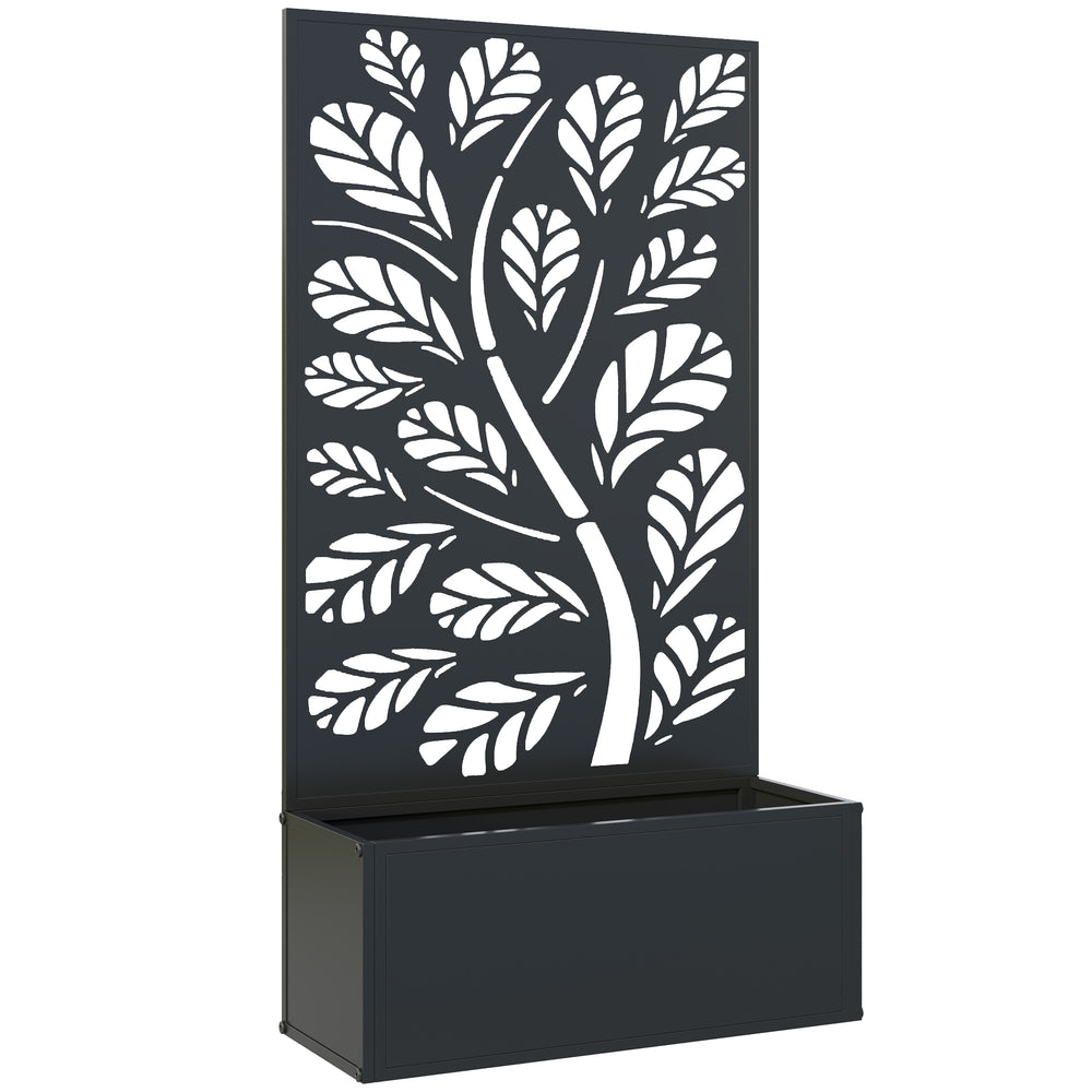 Jardinière avec treillis, brise-vue paravent, jardinière extérieure métal sur pieds ou murale, motif de feuilles rondes, bac à fleurs rectangulaire balcon terrasse, 61x23x113cm, noir