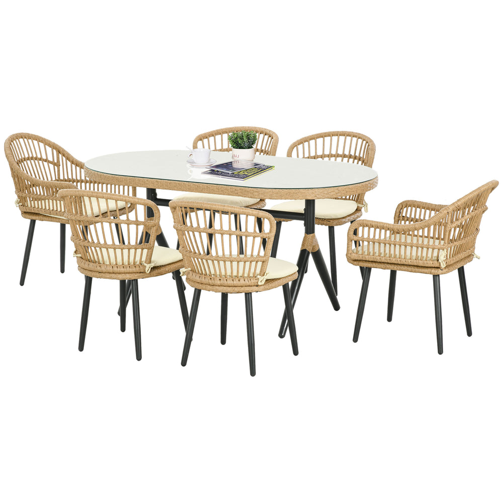 Salon de jardin extérieur en résine tressée 6 places ensemble de salle à manger - 1 table rectangulaire et 6 chaises avec coussins - plateau en verre trempé, cadre en acier, bois naturel