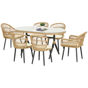 Salon de jardin extérieur en résine tressée 6 places ensemble de salle à manger - 1 table rectangulaire et 6 chaises avec coussins - plateau en verre trempé, cadre en acier, bois naturel