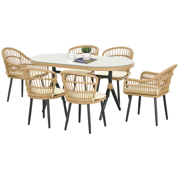 Salon de jardin extérieur en résine tressée 6 places ensemble de salle à manger - 1 table rectangulaire et 6 chaises avec coussins - plateau en verre trempé, cadre en acier, bois naturel