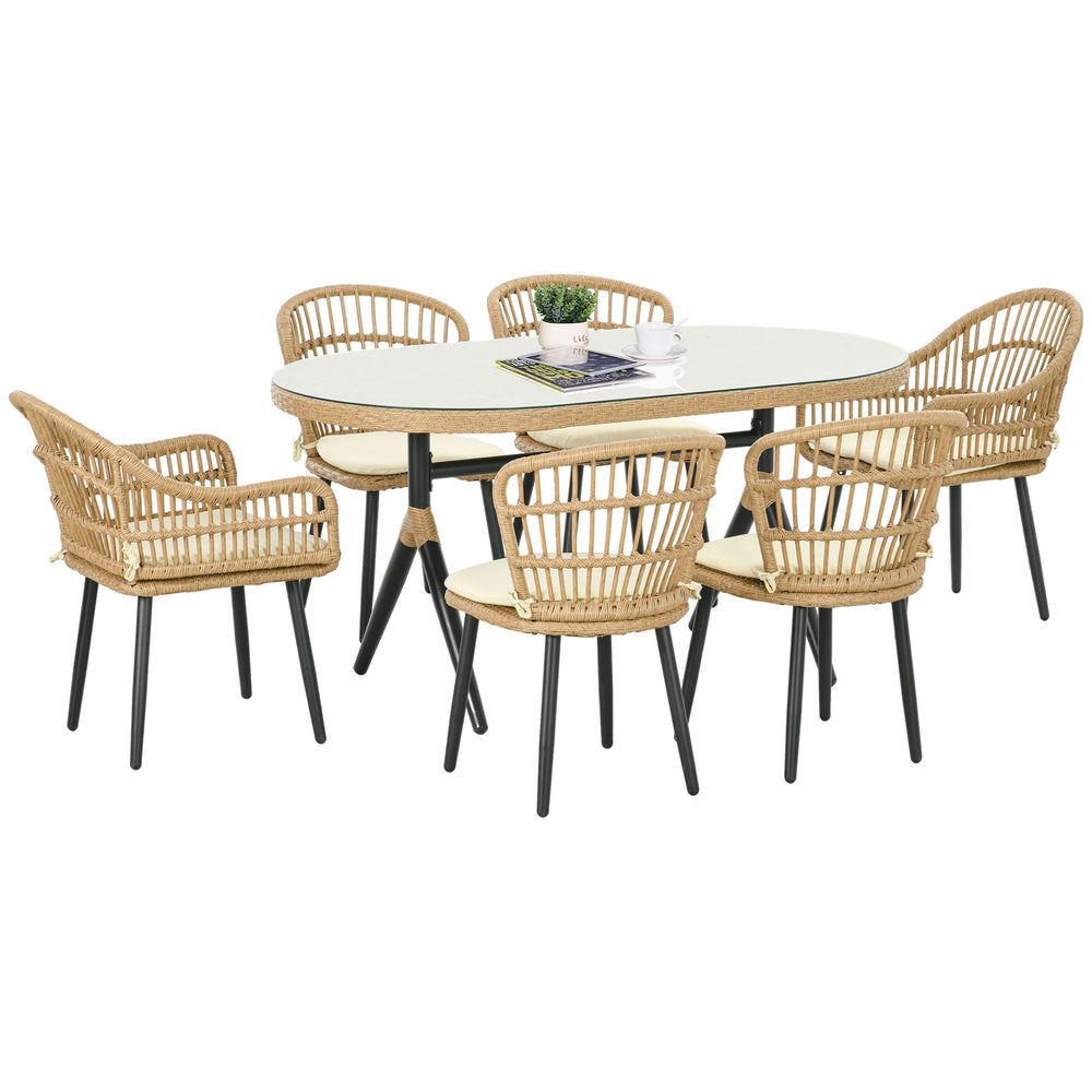 Salon de jardin extérieur en résine tressée 6 places ensemble de salle à manger - 1 table rectangulaire et 6 chaises avec coussins - plateau en verre trempé, cadre en acier, bois naturel