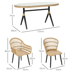 Salon de jardin extérieur en résine tressée 6 places ensemble de salle à manger - 1 table rectangulaire et 6 chaises avec coussins - plateau en verre trempé, cadre en acier, bois naturel