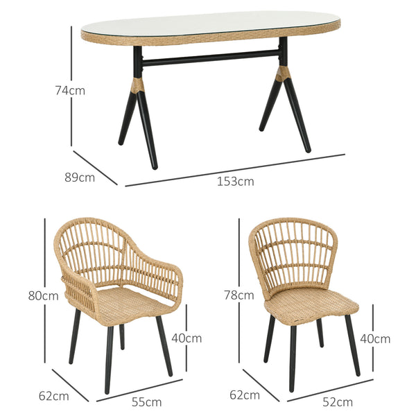 Salon de jardin extérieur en résine tressée 6 places ensemble de salle à manger - 1 table rectangulaire et 6 chaises avec coussins - plateau en verre trempé, cadre en acier, bois naturel